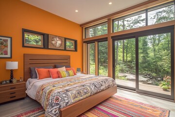 Fototapeta premium Cozy bedroom with large windows and vibrant orange wall overlooking lush greenery in a modern home