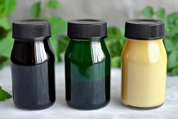 Refreshing juice jars of mint and spirulina lined up on a countertop with fresh greenery in the background