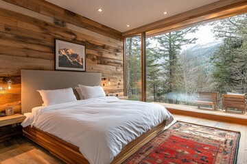 Cozy mountain cabin bedroom with large window overlooking serene forest landscape