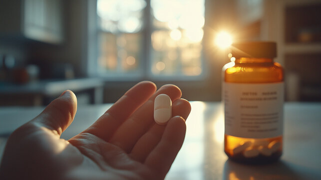 Hand holding antihistamine pill near sunlit bottle, allergy relief