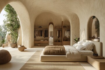 Elegant minimalist bedroom designed with natural textures and warm tones in a serene setting
