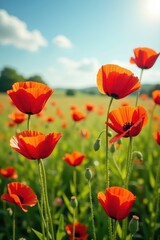 Fototapeta premium Vibrant red poppies bloom in a sun-drenched summer meadow , landscape, wildflowers, wallpaper