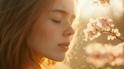Fototapeta premium Serene woman enjoying blossoms, springtime renewal