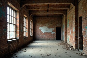 Fototapeta premium Overgrown brick warehouse, weathered walls, peeling paint, industrial, site, historical