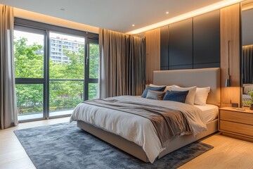 Modern bedroom with large windows showcasing lush greenery and stylish interior design in contemporary urban apartment