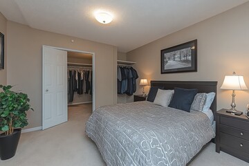 Cozy bedroom interior with a neatly made bed and organized closet in a serene setting