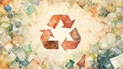 Fototapeta premium Watercolor Illustration of a Recycling Symbol with Abstract Composition and Vibrant Colors