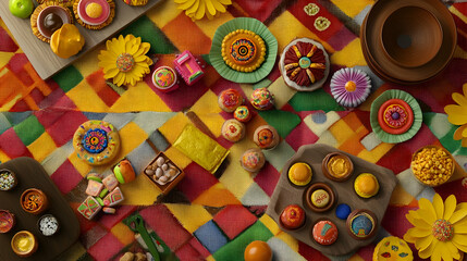 Festive Indian sweets and snacks arranged on colorful fabric, overhead view; ideal for holiday celebrations, food blogs, or packaging