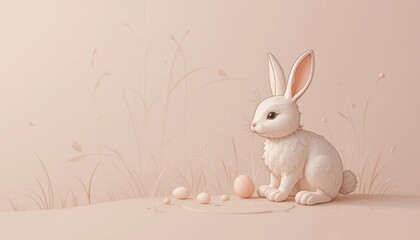 Obraz premium Cute pastel bunny sitting beside colorful eggs on soft grass in serene light background for Easter celebrations