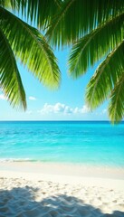 Lush palm fronds frame a dazzling view of a tranquil, azure ocean and white sand beach , holiday, ocean