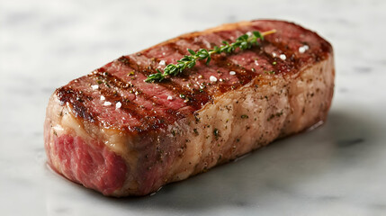 Grilled steak, thyme sprig, marble background, food photography, recipe illustration