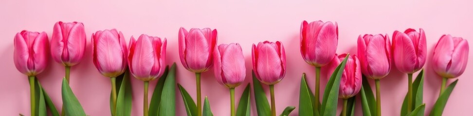 Fototapeta premium Perfectly arranged pink tulips, soft pink background Spring theme , pink, beauty, floral arrangement