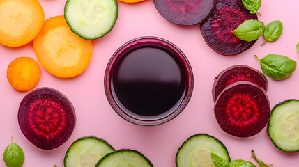 Beetroot, carrot, and cucumber juice on pink background. Healthy drink recipe, ingredients, and preparation. Food photography for websites and blogs