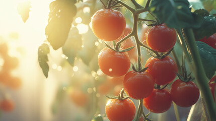 Fresh tomatoes on vine glistening in sunlight, showcasing vibrant red color and lush green leaves, creating serene and inviting atmosphere