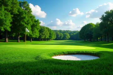 Perfectly manicured golf green, white flag, hole, precision, landscape
