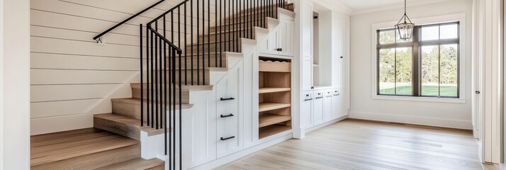 Modern staircase with built in storage and wood flooring