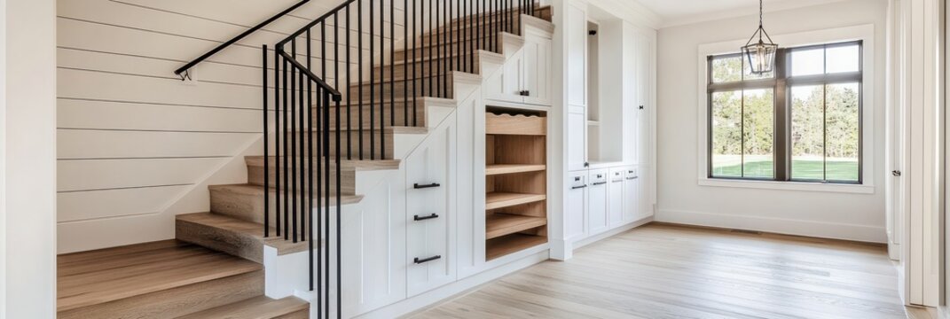 Modern staircase with built in storage and wood flooring