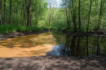 Obraz premium Tranquil Forest Scene with Reflection in Calm Water Body