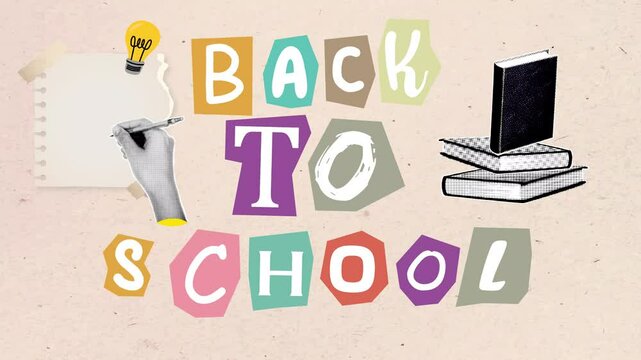 Animation of back to school text banner paper Halftone collage art