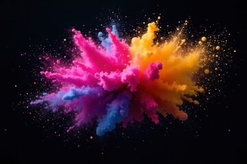 Multicolored powder cloud explodes, stark black background, image, impact
