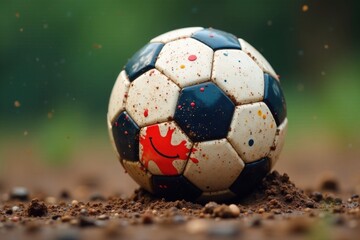 Fototapeta premium Muddy soccer ball, paint splatters, friendly expression, soft colors, fun, image, children's