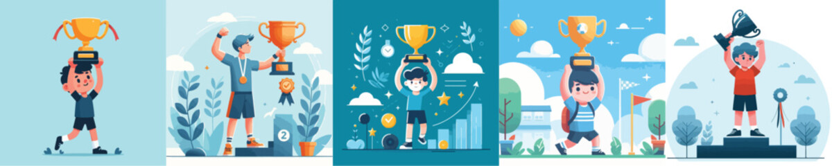 collection of vectors of boys lifting trophies