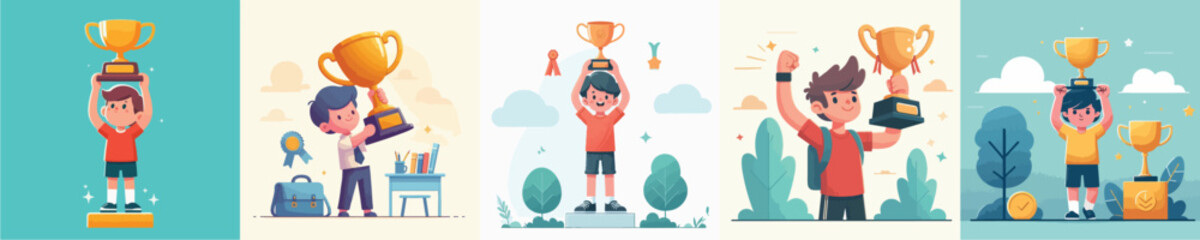 collection of vectors of boys lifting trophies
