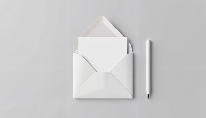 White envelope with blank letter and pen on gray background