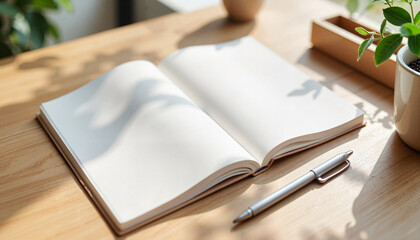 Empty notebook on wooden table with pen and plants