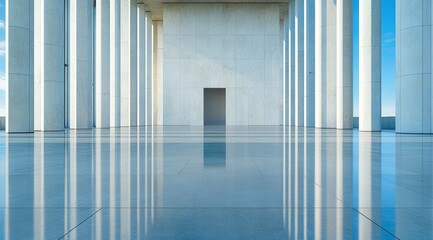 Fototapeta premium Modern architecture featuring tall white columns and a sleek polished floor, creating a serene and open space, Ideal for backgrounds in corporate presentations, art projects