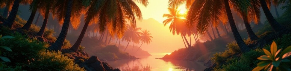 Palm trees ablaze with internal light, secluded oasis , glowing leaves, green