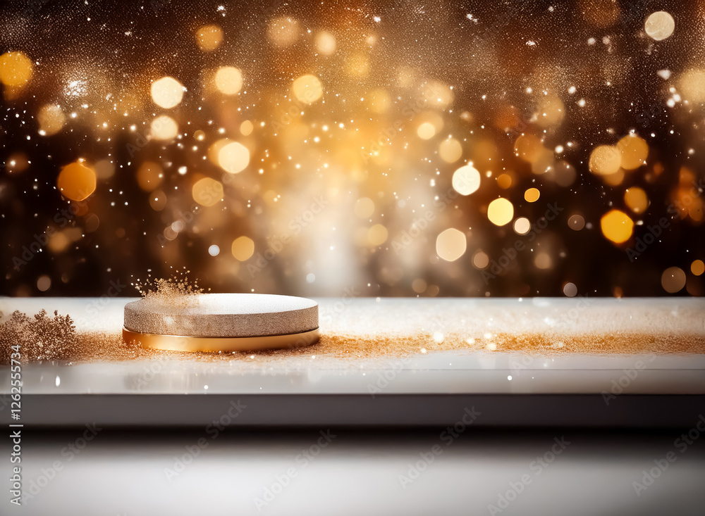 Poster Elegant podium display with golden bokeh and glitter. Round stage for product showcase.
