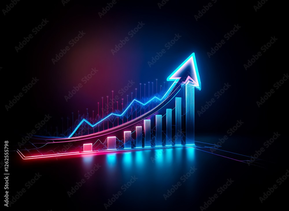 Aufkleber Bright neon graph with upward arrow and bar chart on black. Glowing blue and red lines show growth and progress in futuristic style.
