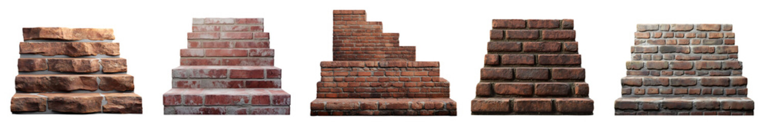 Obraz premium Set collection of brick rock stone steps stairs stairway staircase, distressed weathered, front view on transparent cutout PNG. Many different style. Mockup template for design