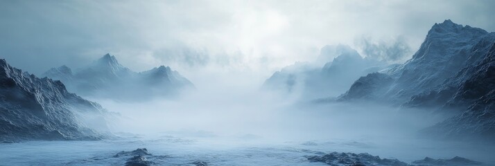 Obraz premium Beautiful abstract blue mountain landscape with foggy sky at sunrise rendering