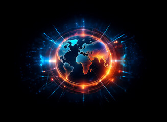 Vibrant glowing globe on black. Electric blue and fiery orange light illuminates world, encircled by rings and radiating beams.