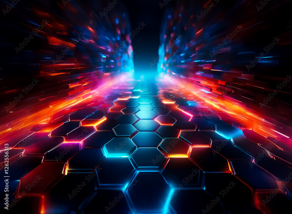 Aufkleber bright, futuristic tunnel of glowing hexagonal tiles. vibrant blue and orange lights create a dynami