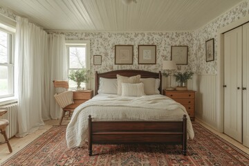 Cozy bedroom with vintage decor and natural light flowing through large windows