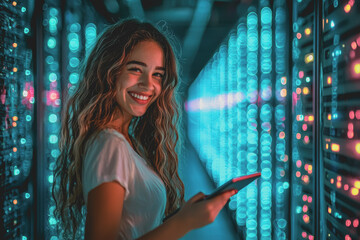 Woman in a server room checking smartphone while working on technology and data management tasks