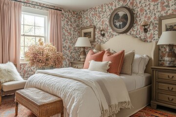 Fototapeta premium Cozy and inviting bedroom with floral wallpaper and warm decor in a serene setting