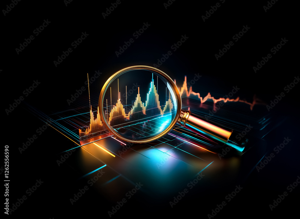 Aufkleber magnifying glass over a neon graph on dark surface. illuminating data analysis and market trends wit