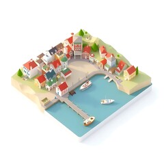 Charming Coastal Village - Isometric 3D Illustration of a Picturesque Harbor Town