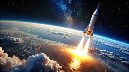 Obraz premium A rocket seen from space as it exits Earth's atmosphere