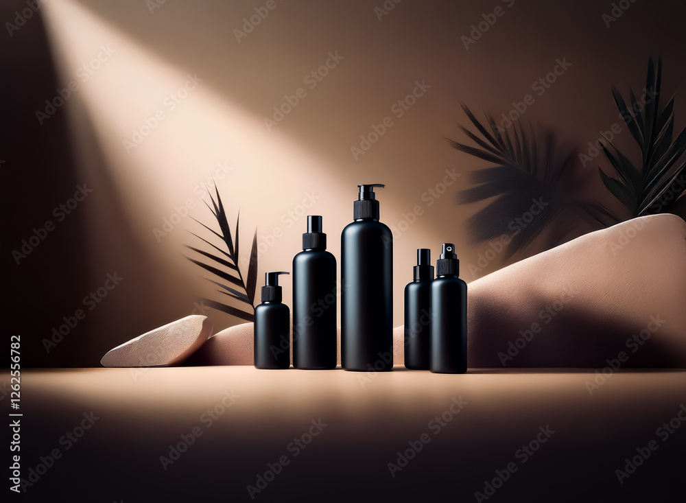 Poster Sleek black bottles of varying sizes are displayed on a beige surface with soft lighting and leaf shadows creating a minimalist cosmetic product scene.