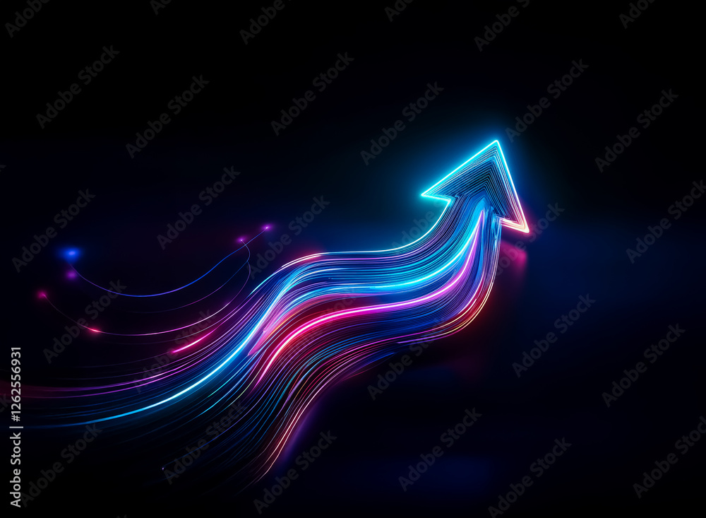 Poster a glowing arrow of vibrant blue and pink light streaks curves up on dark backdrop, suggesting progre