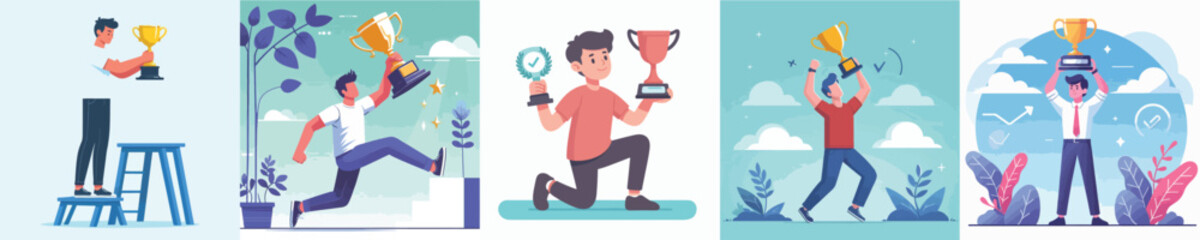 Fototapeta premium vector set of young men lifting trophies