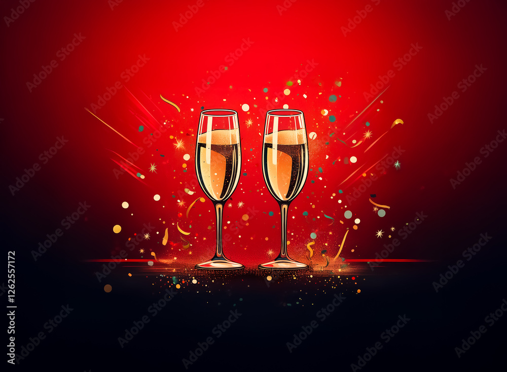 Poster Two elegant champagne flutes filled with sparkling beverage are centered against a dynamic red backdrop with golden confetti and bursts of light, evoking celebration.