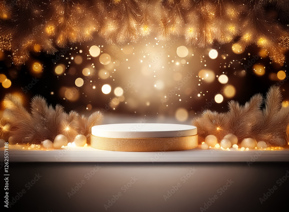 Poster elegant podium display with golden decorations and soft bokeh lights creating a warm, festive atmosp