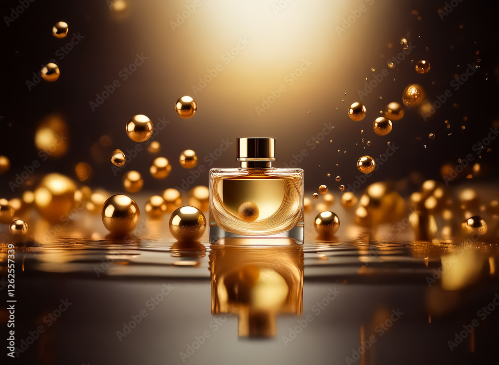Poster elegant perfume bottle with golden liquid on a reflective black surface. floating gold spheres and b