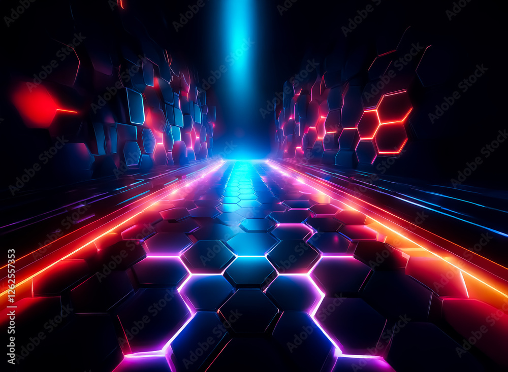 Leinwandbilder futuristic tunnel with glowing neon lights. hexagonal tiles create a path illuminated by blue, red, 